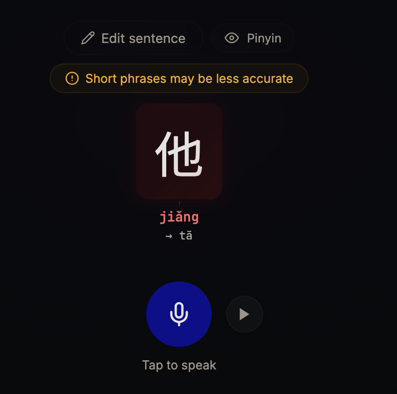 Screenshot of a Mandarin tone practice app: character 他 with detected pinyin jiǎng and correct pinyin tā, plus tap-to-speak and play controls.
